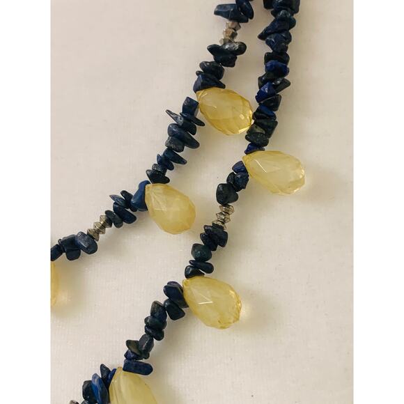 Two Strand Beaded Silver Chain Blue Chip Yellow Teardrop Necklace - Picture 3 of 6